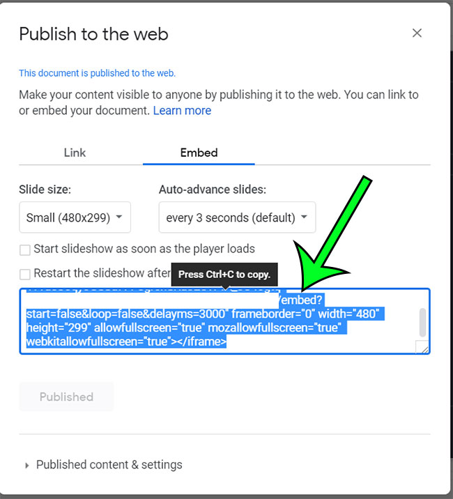 copy the google slides embed code