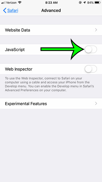 how to disable javascript in safari on an iphone