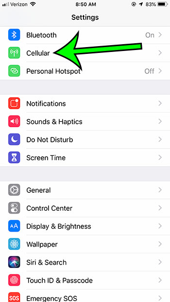 open iphone cellular menu
