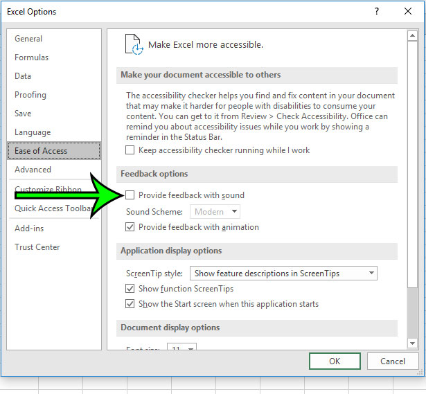 how to turn off feedback sounds in microsoft excel for 0ffice 365