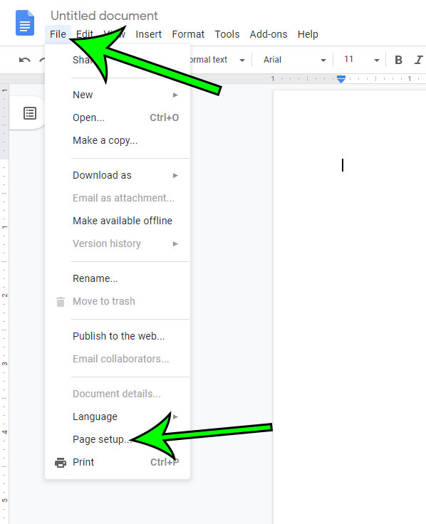 where is page setup in google docs