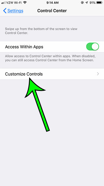 tap the customize controls button