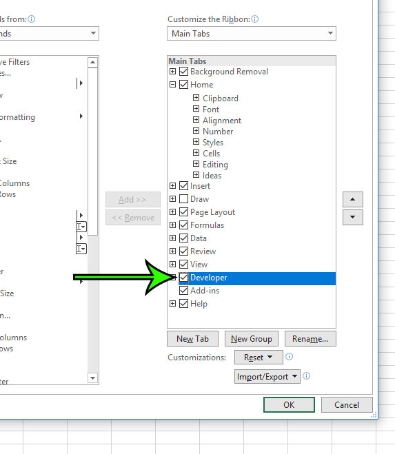 how to add the Developer tab in Excel for Office 365