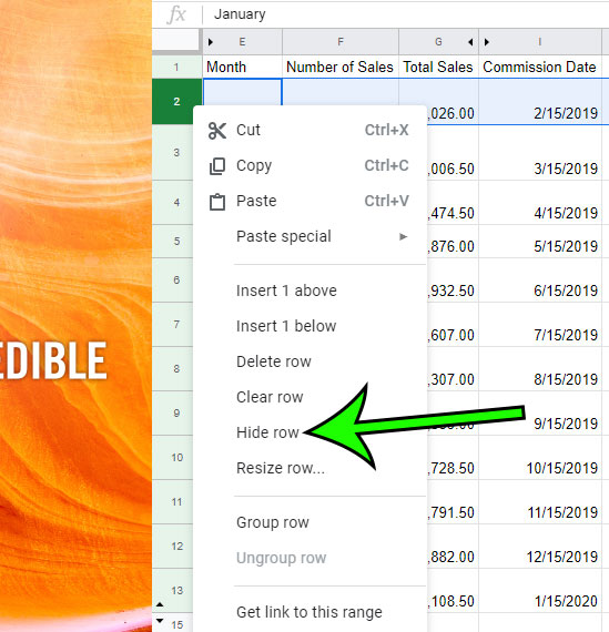 how to hide a row in Google Sheets