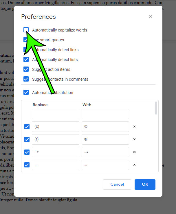 how to stop automatically capitalizing words in google docs