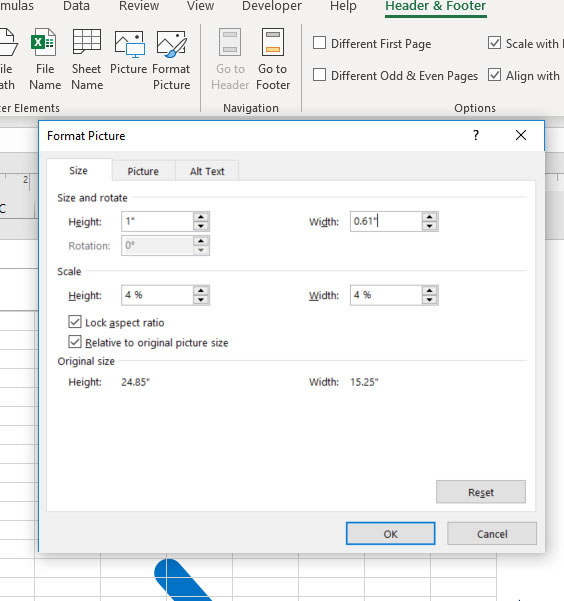 how to change the size of a picture in an Excel header