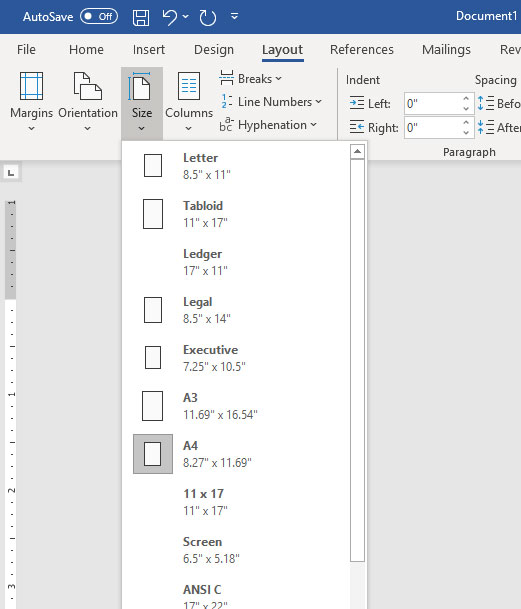 how to change paper size in Microsoft Word for Office 365