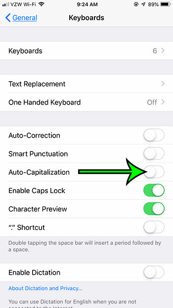 how to stop automatically capitalizing words on an iPhone 7