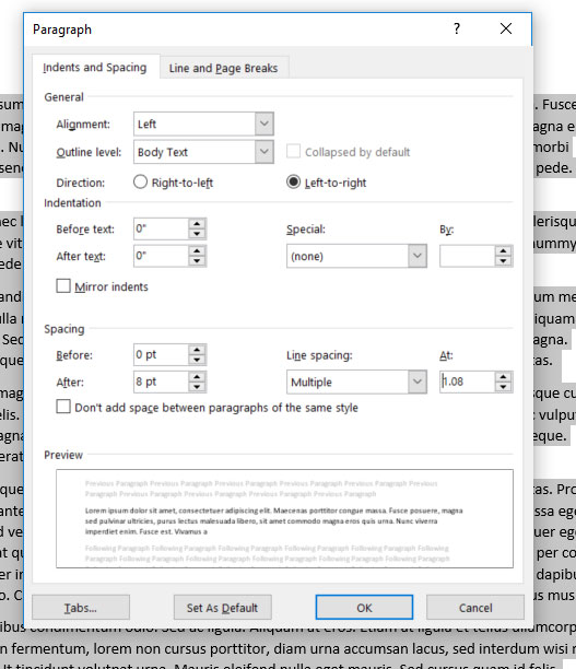 Line Spacing Options menu in Microsoft Word