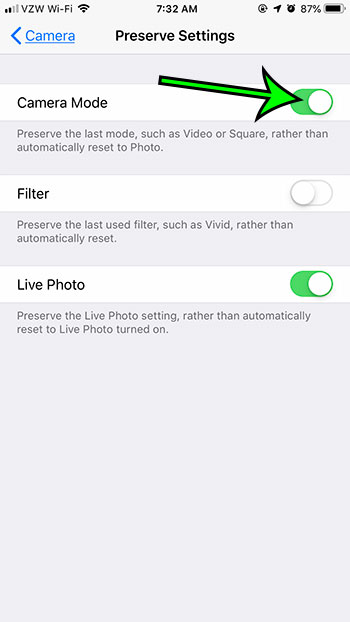 select the Camera Mode option