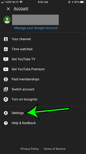 open the YouTube iPhone settings menu