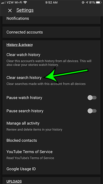 how to clear YouTube search history on an iPhone