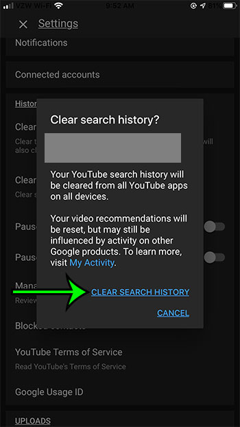 confirm that you want to delete your YouTube search history