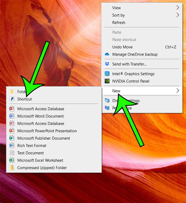 create new shortcut in Windows 10