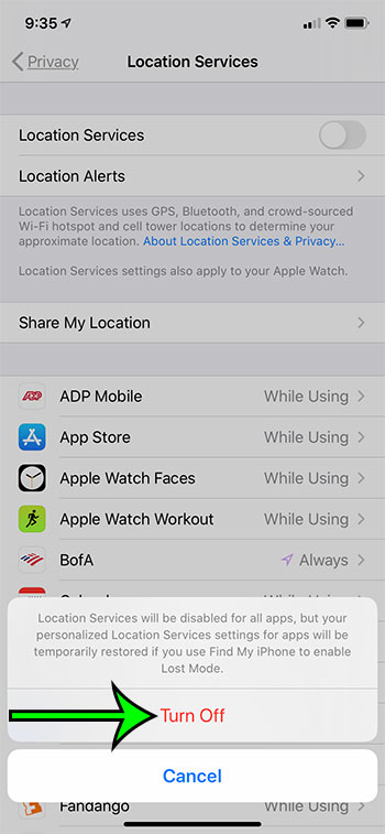 how to turn off Location Services on an iPhone