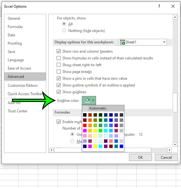 how to make gridlines darker in Excel 2016