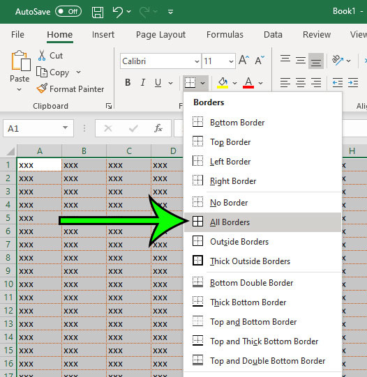 apply all borders to selected cells