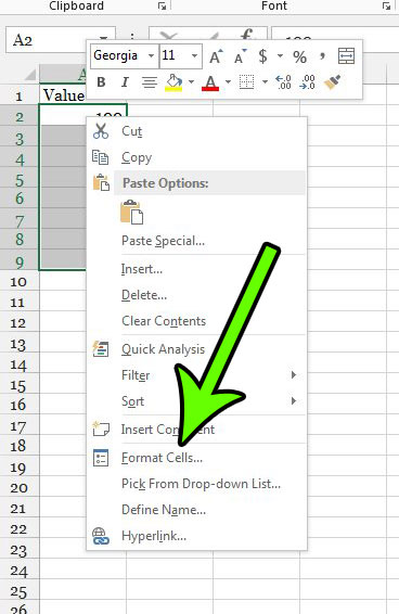 right-click a selected cell and choose the Format Cells option