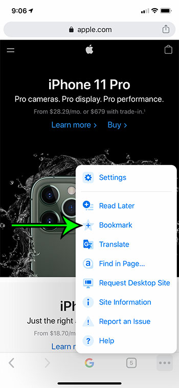 how to bookmark a page in the Google Chrome iPhone app