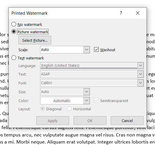 how to add a watermark in Microsoft Word 2016, Word 2019, or Word for Office 365