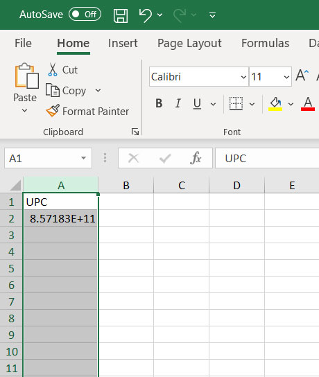 select the cells containing UPC numbers