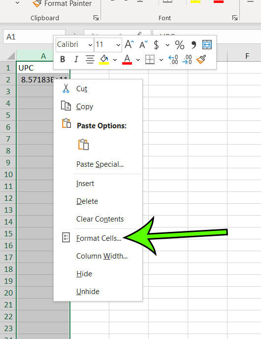 choose the Format Cells option