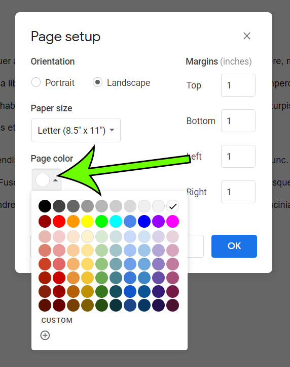 how to change background color in Google Docs