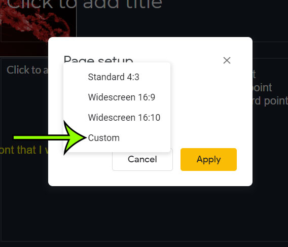 select the Custom slide size option