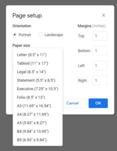 how to change paper size in Google Docs