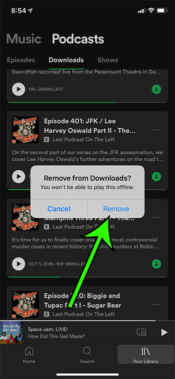 how to delete a downloaded podcast episode in Spotify on an iPhone