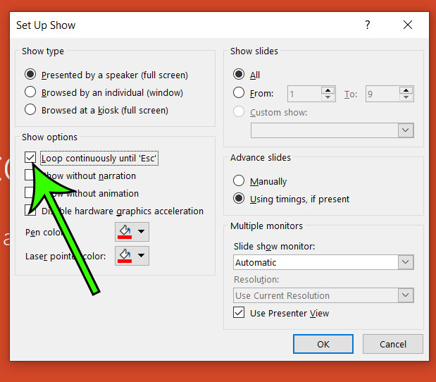 how to loop a slideshow in Powerpoint for Office 365