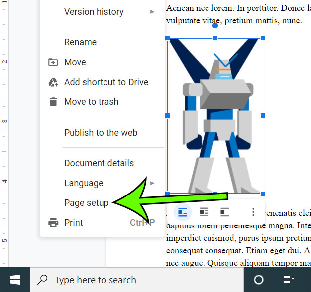 click the Page setup option