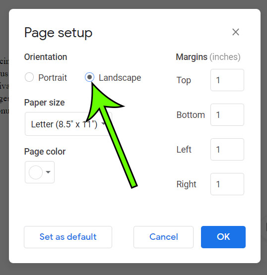 how to make Google Docs horizontal pages