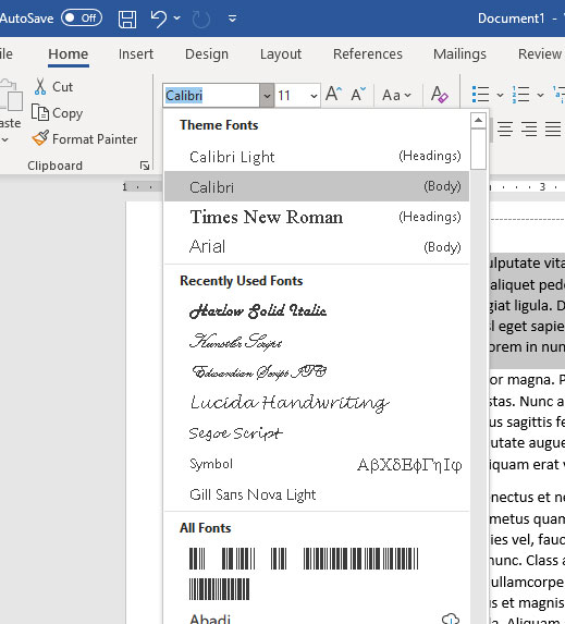 how to change the font for a selection in Microsoft Word for Office 365