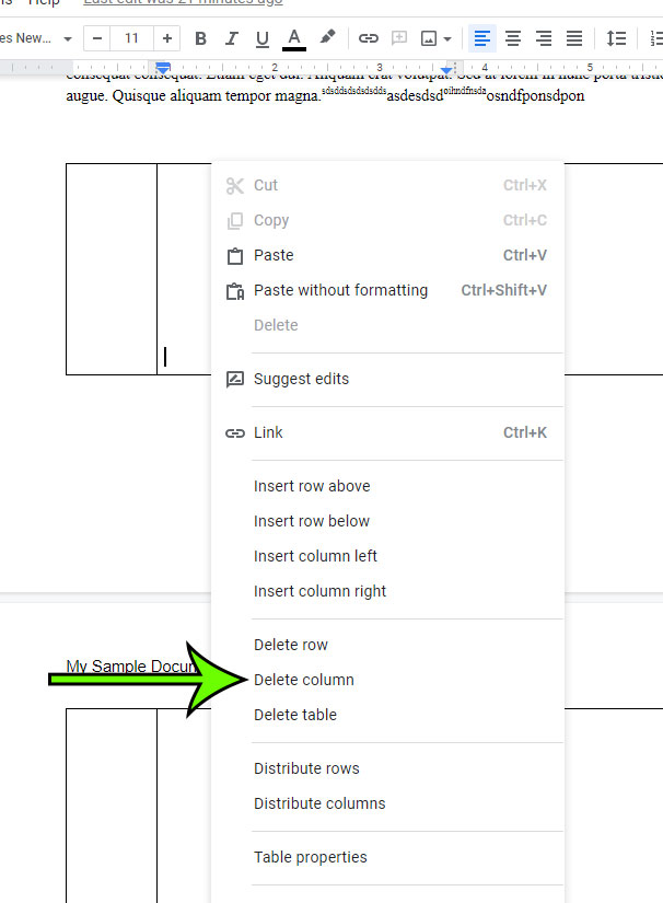 how to delete a column from a table in Google Docs