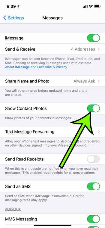 how to show contact photos in messages on an iPhone