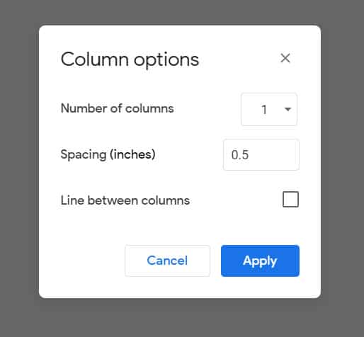 how to change column settings in Google Docs