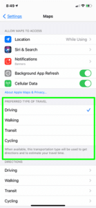 how to change default directions type on an iPhone