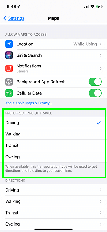 how to change the preferred travel type in Apple Maps on iPhone