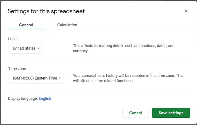 change the Google Sheets locale