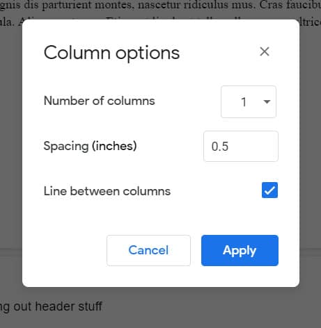 add a line between columns in google docs