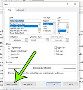 how to use Times New Roman as the default font in Word