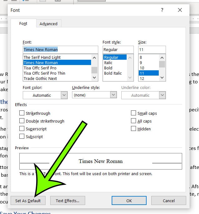 how to make Times New Roman the default in Word