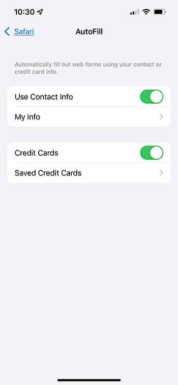 how to add autofill credit cards in Safari on iPhone