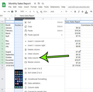 how to hide a Google Sheets column or row