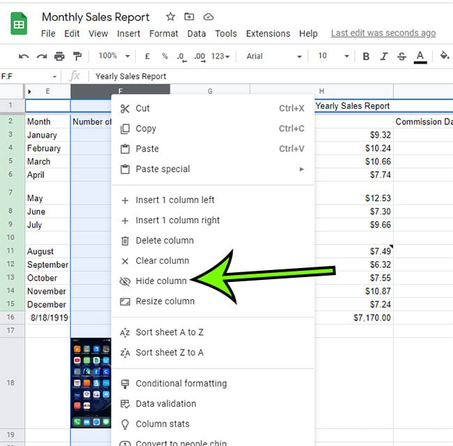 how to hide columns in Google Sheets