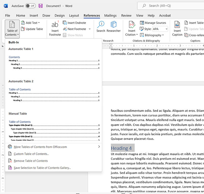how to insert a table of contents in a Microsoft Word document