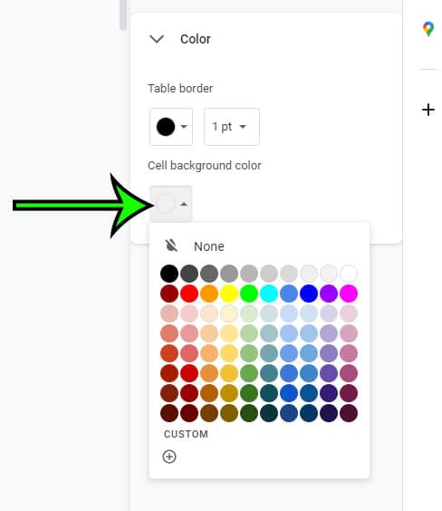 how to change the cell background color of a Google Docs table