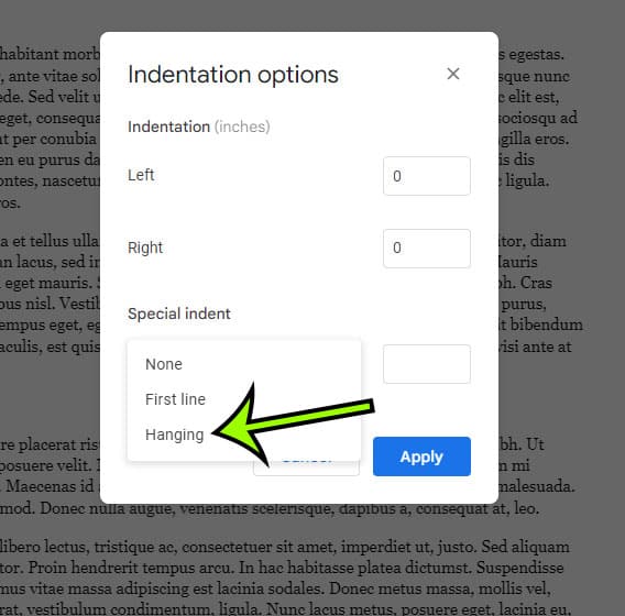 how to create a hanging indent in Google Docs