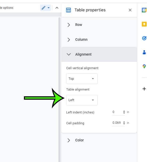 choose Table alignment